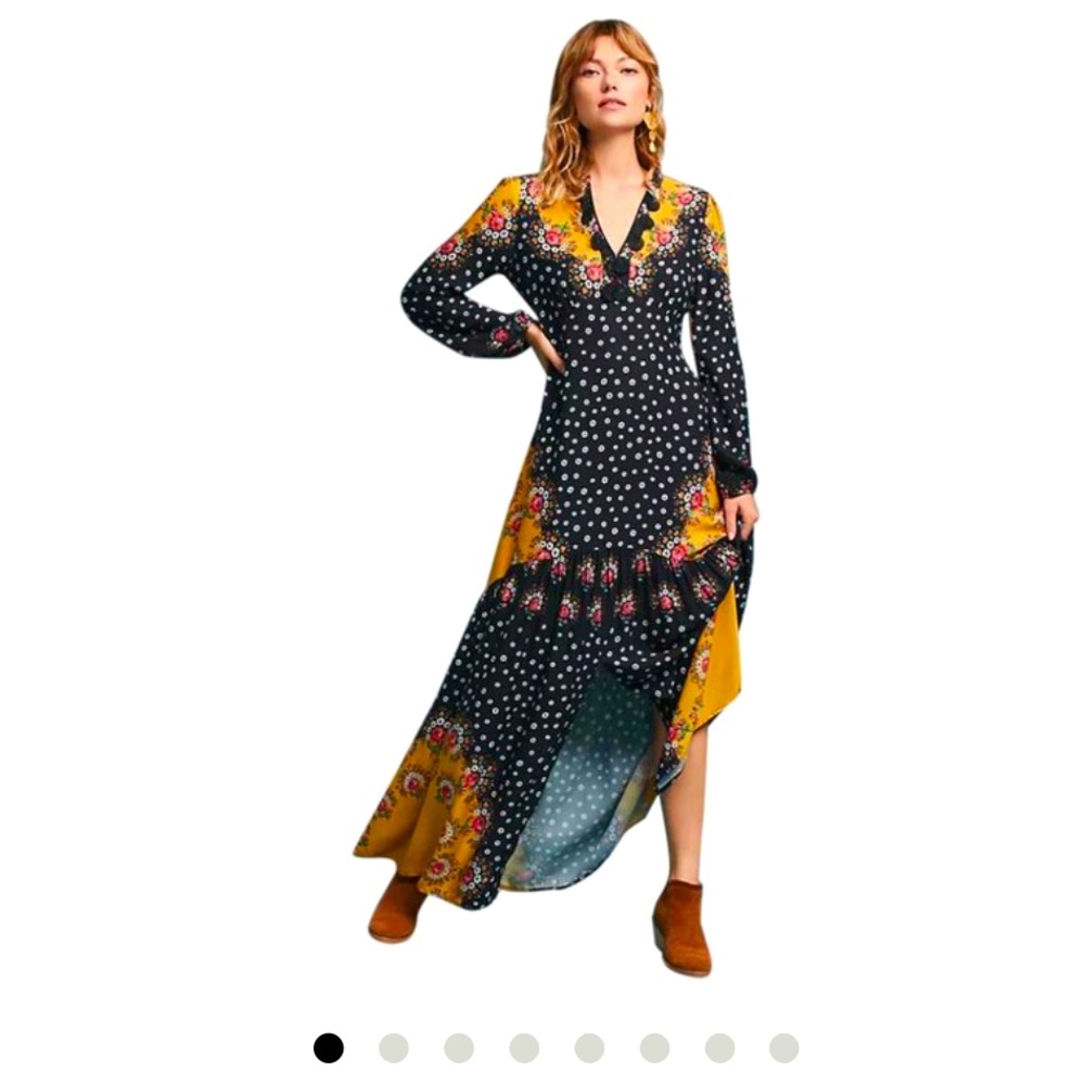 FARM RIO Maxi Dress floral crocheted neck long sleeve